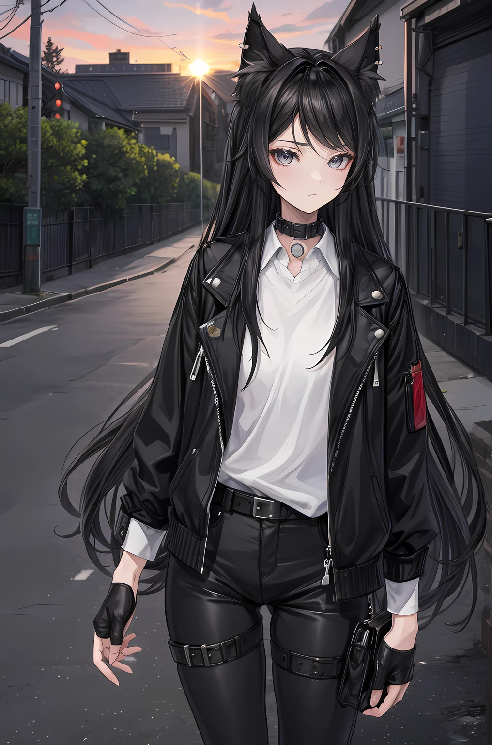 (YukiShido),bright colours, woman's, Masterpiece, sharp-focus, Best Quality, Depth of field, Cinematic lighting, 1girl, animal ears, gray eyes, black hair, shirt with collar, Fox ears, black jacket, Choker, animal ear fluff, white  shirt, jacket, ear piercings, 独奏, belt, long sleeves, Shirt, gloves, extra very long hair, collar, jacket on shoulders, piercing, Black pants, black jeans, black nails, thigh strap, standing on the sidewalk by the lake, with sunset in the background