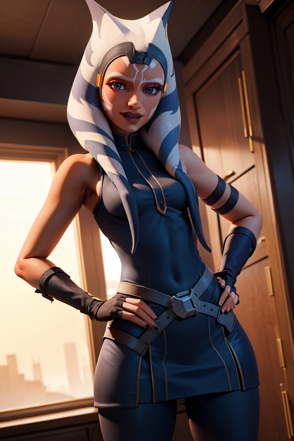 (masterpiece, best quality, ultra-detailed), AhsokaTano, orange skin, blue eyes, makeup, blue shirt, vambraces, fingerless gloves, hip armor, blue skirt, blue leggings, looking at viewer, indoors, sexy, smile