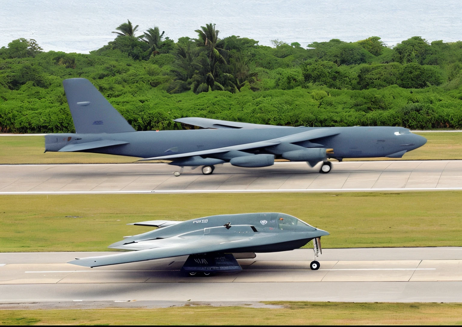 Two planes are parked on the runway, aircraft, United States Air Force, uav, photograph credit: nffsw, bomber, B-2 bomber, composite, Fighters, f11:10, f-22, rendered, f11:6, from the front side, F/11, F / 1 1, Fighter drone