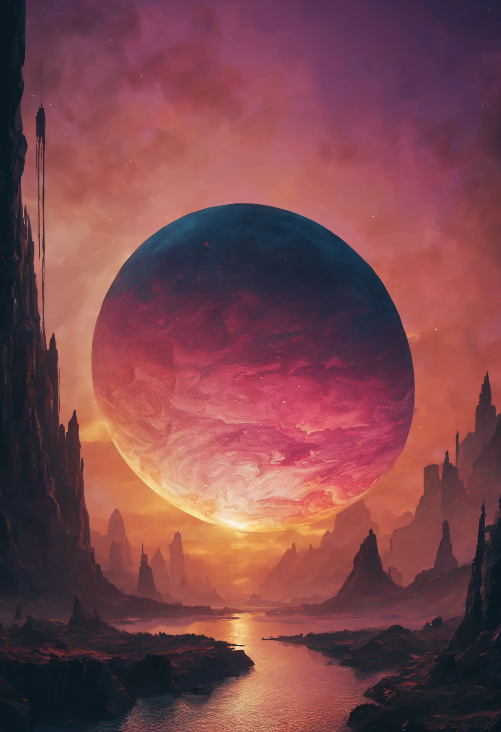 a magnificent sunset on a strange and mysterious planete. It's very textured and detailed with dreaming lot of multicolored