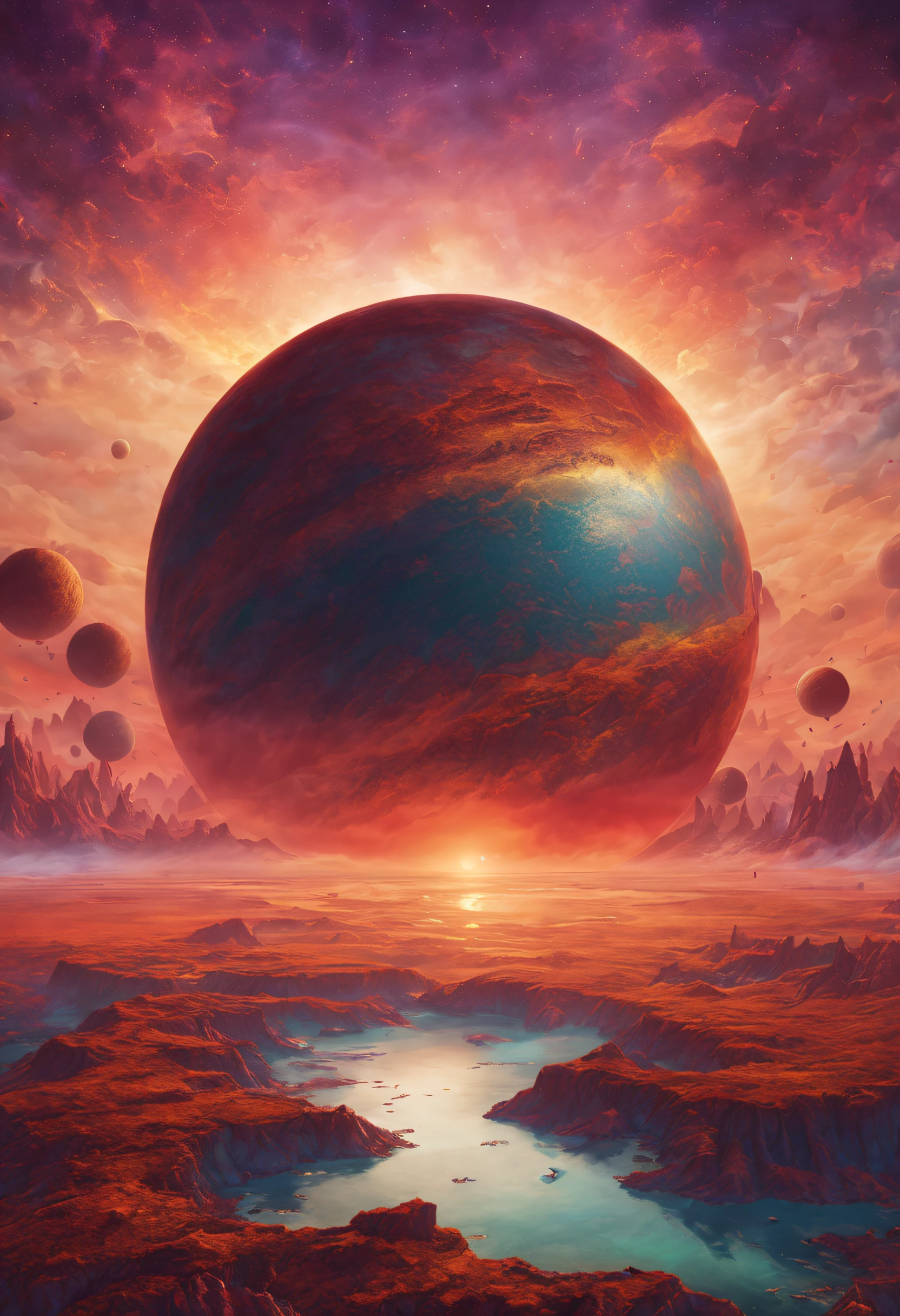 a magnificent sunset on a strange and mysterious planete. It's very textured and detailed with dreaming lot of multicolored