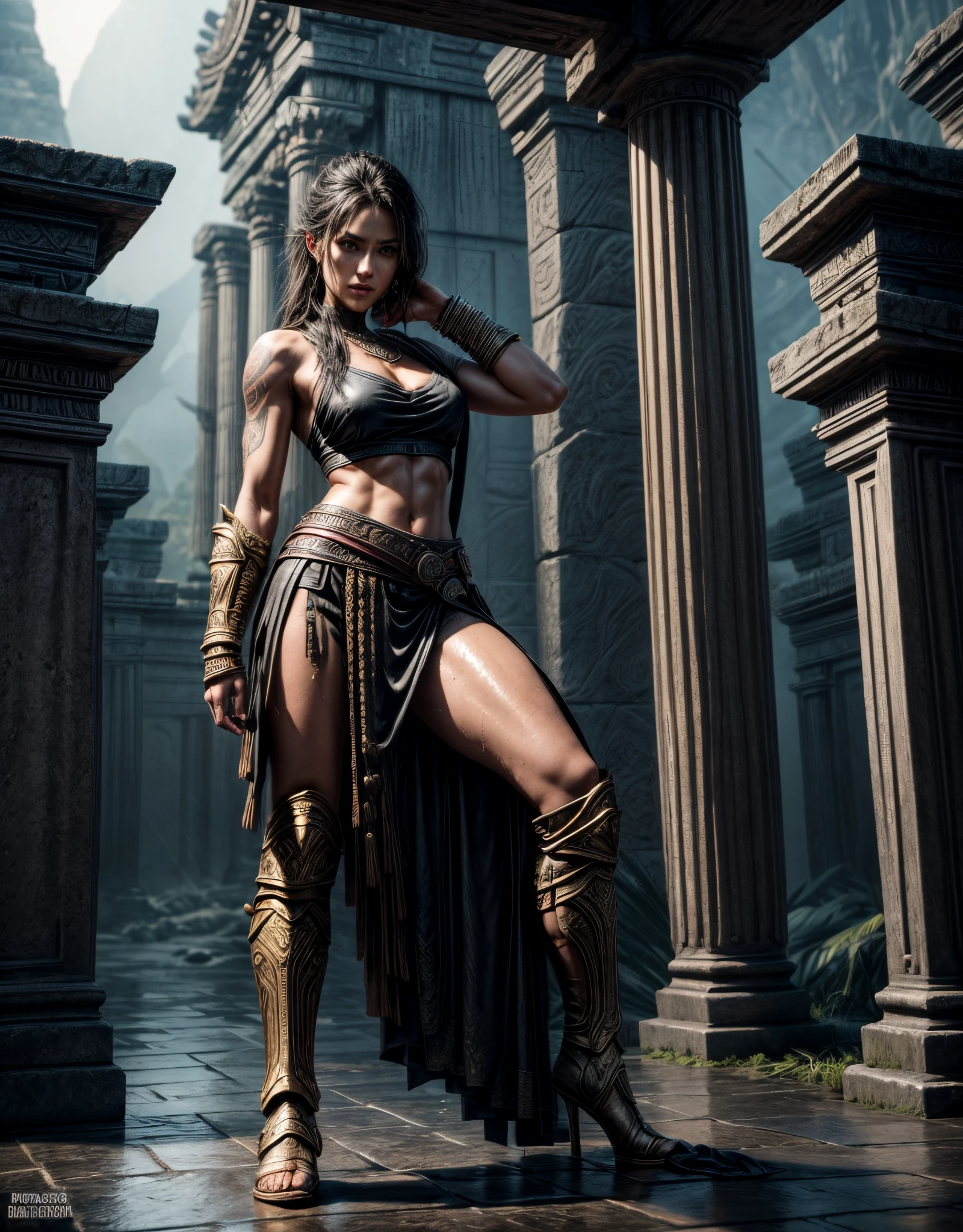 “Primary masterpiece in UHD, sharp details. Style inspired by God of War, capturing the striking presence of the Spartan warrior. | A stunning and pale 30-year-old woman displays her tribal tattoos in a set of black t-shirt and skirt, adorned by stunning golden armor and jewelry. The beautiful brown leather boots complete his imposing image. His yellow eyes, full of malice, fix directly on the viewer, highlighting an evil smile on his lips. | The scenery unfolds in an ancient temple during a rainy night. Rocky structures, altars with ancient inscriptions and strategically positioned torches illuminate the environment, transmitting the epic environment of God of War. | Details such as raindrops, reflections on wet surfaces and dramatic shadows contribute to the visual intensity of the scene. | Imposing Spartan warrior in an ancestral temple, challenging the viewer with her penetrating look | The camera, positioned close to the character, reveals her entire body as she adopts a dynamic_pose, displaying an imposing presence in the ancient temple setting. | ("| The camera, positioned close to the character, reveals her entire body as she adopts a dynamic_pose, interacting with and leaning on a large structure in the scene in an exciting way. | (perfect_pose), she adopting a ((dynamic_pose as interacts, boldly leaning on a large structure, leaning back in a dynamic way):1.3), (hands_with_5_fingers), (perfect_hands), (perfect_fingers), (perfect_legetter_handull body)), More Detail".
