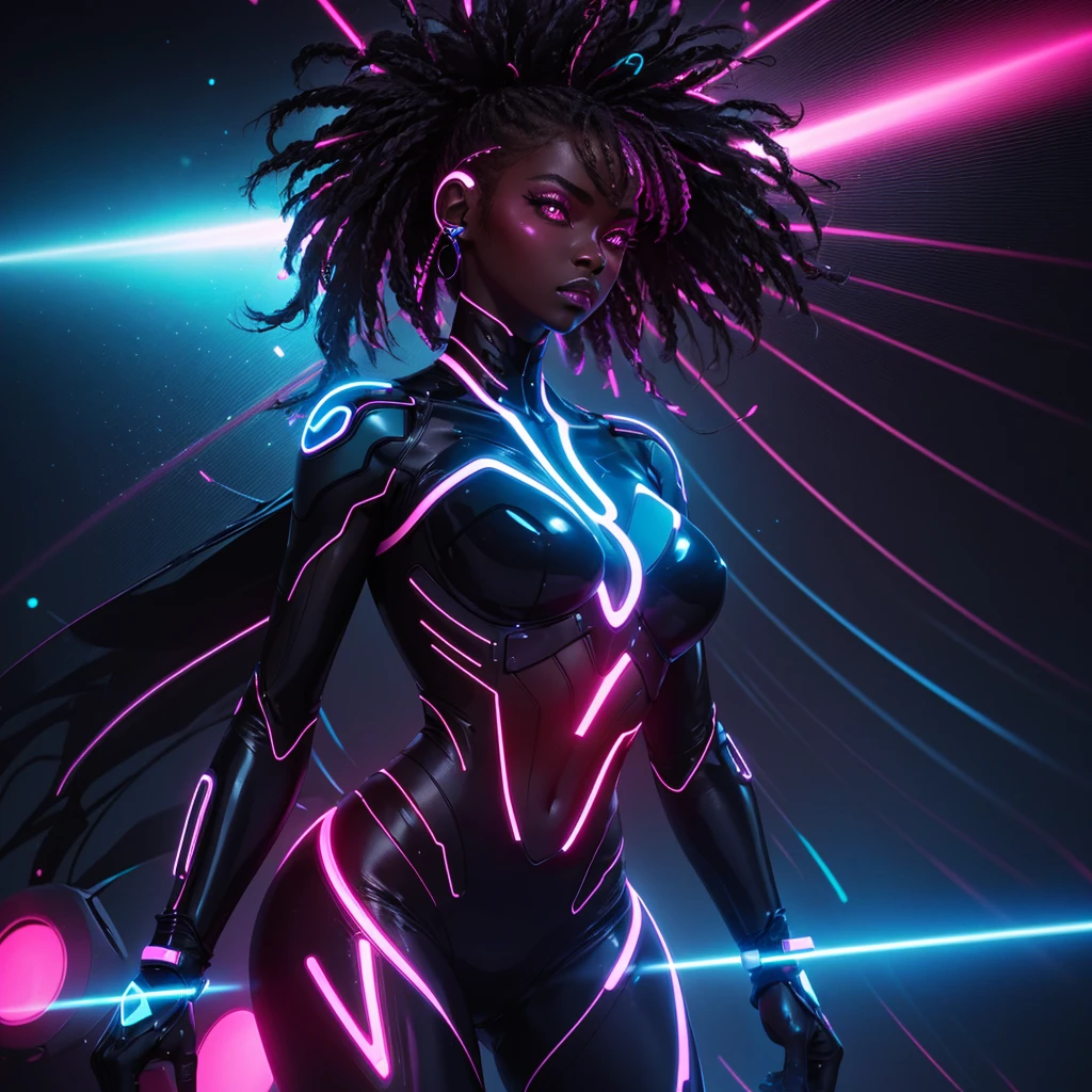 neon fashion" full portrait, dark-skinned black woman with neon suit, black backdrop, black and glowing neon, high resolution, perfect anatomy, epic design realistic, black pink blue, cute, perfect, accurate anatomy, night city