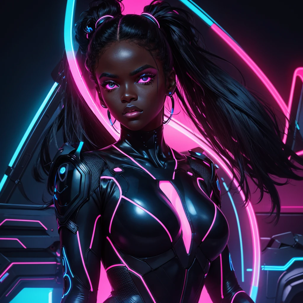 Beautiful black latex woman, olhos azuis, coberta com rosas vermelhas iluminadas, bright blue white glowing heart, visible from human, noite, Colouring, photography hyper-detailed cinematic hdr lighting, softbox lighting, Detalhe extremo, 8k, 3D-rendering, Hiper realista, NVIDIA,