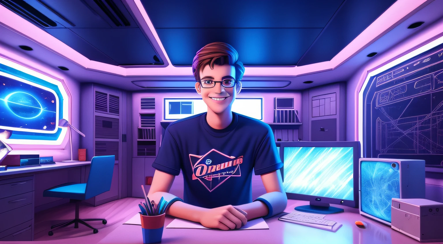 one realistic smiling but tired looking 3d cartoon CGI geeky 20 year old boy, with oversized glasses staring directly into the camera, standing centre of room, next to desk in 70's galactic spaceship interior, messy artists bedroom, neon lighting