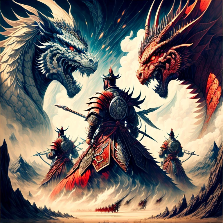 (top-quality, 8K, masterpiece:1.3) A breathtaking image showcasing a group of skilled Chinese warriors wielding intricate battle shields, standing united against a mythical Chinese dragon, the intensity of the battle captured in a vivid and detailed traditional ink painting style.