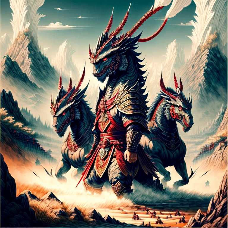 (top-quality, 8K, masterpiece:1.3) A breathtaking image showcasing a group of skilled Chinese warriors wielding intricate battle shields, standing united against a mythical Chinese dragon, the intensity of the battle captured in a vivid and detailed traditional ink painting style.