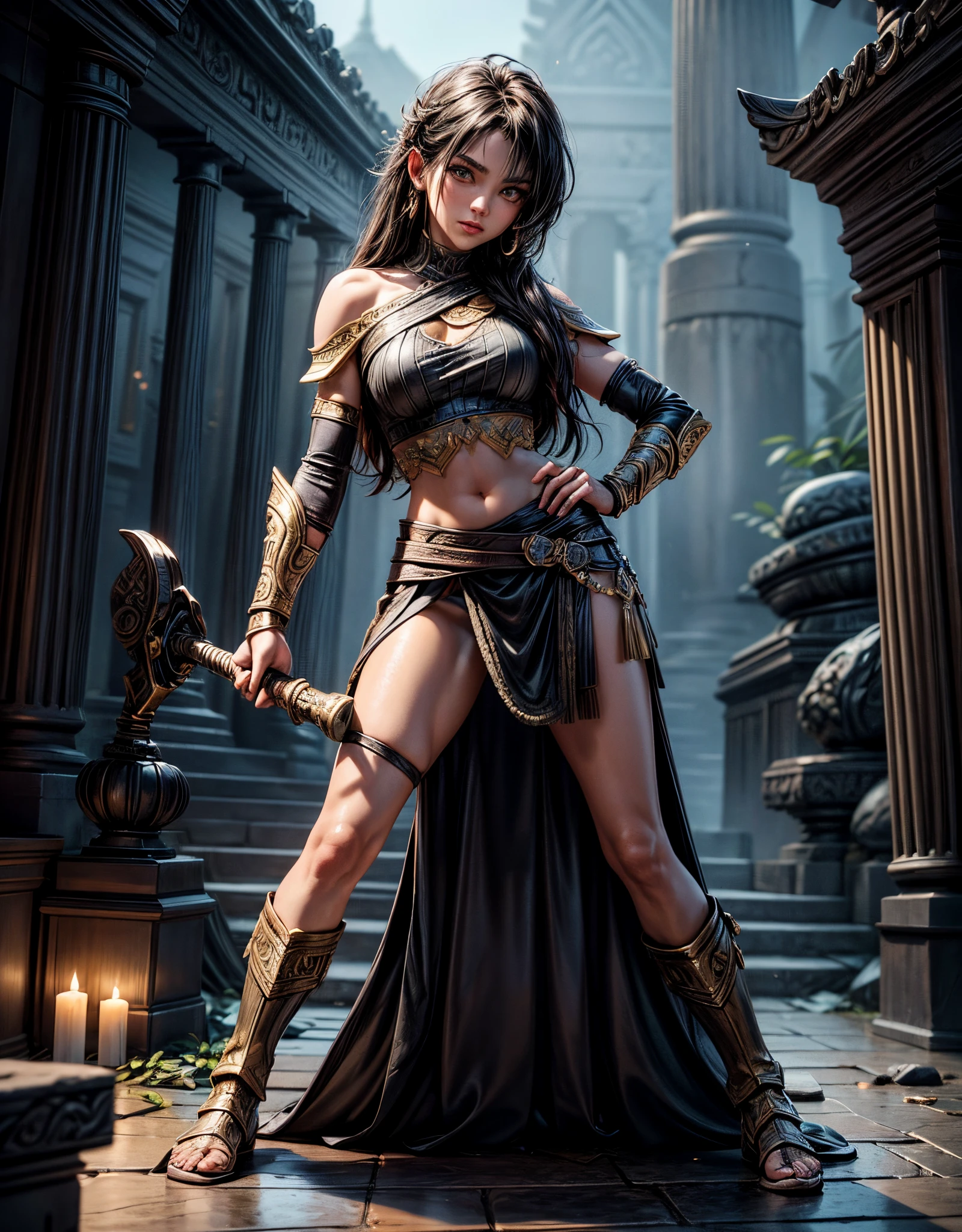 “Primary masterpiece in UHD, sharp details. Style inspired by God of War, capturing the striking presence of the Spartan warrior. | A stunning and pale 30-year-old woman displays her tribal tattoos in a set of black t-shirt and skirt, adorned by stunning golden armor and jewelry. The beautiful brown leather boots complete his imposing image. His yellow eyes, full of malice, fix directly on the viewer, highlighting an evil smile on his lips. | The scenery unfolds in an ancient temple during a rainy night. Rocky structures, altars with ancient inscriptions and strategically positioned torches illuminate the environment, transmitting the epic environment of God of War. | Details such as raindrops, reflections on wet surfaces and dramatic shadows contribute to the visual intensity of the scene. | Imposing Spartan warrior in an ancestral temple, challenging the viewer with her penetrating look | The camera, positioned close to the character, reveals her entire body as she adopts a dynamic_pose, displaying an imposing presence in the ancient temple setting. | ("| The camera, positioned close to the character, reveals her entire body as she adopts a dynamic_pose, interacting with and leaning on a large structure in the scene in an exciting way. | (perfect_pose), she  adopting a ((dynamic_pose as interacts, boldly leaning on a large structure, leaning back in a dynamic way):1.3), (hands_with_5_fingers), (perfect_hands), (perfect_fingers), (perfect_legetter_handull body)), More Detail".