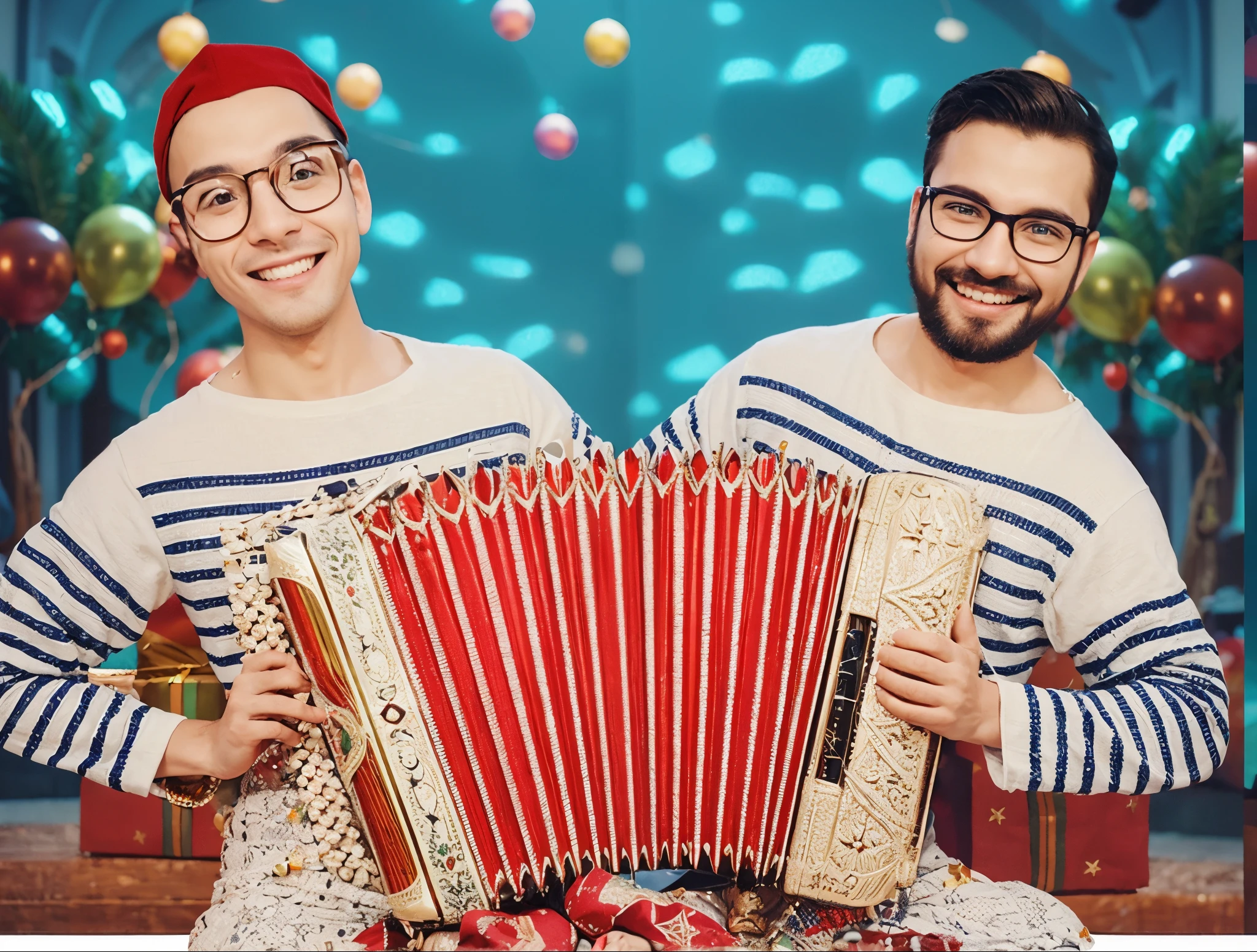 A imagem mostra dois homens, each with glasses, smiling and holding a lute. They are posing together for a photo, with the lute being the main object in the center of the image. The scene is colorful and lively, with Christmas balloons, criando uma atmosfera natalina