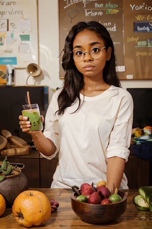 black woman with tied up hair black framed glasses