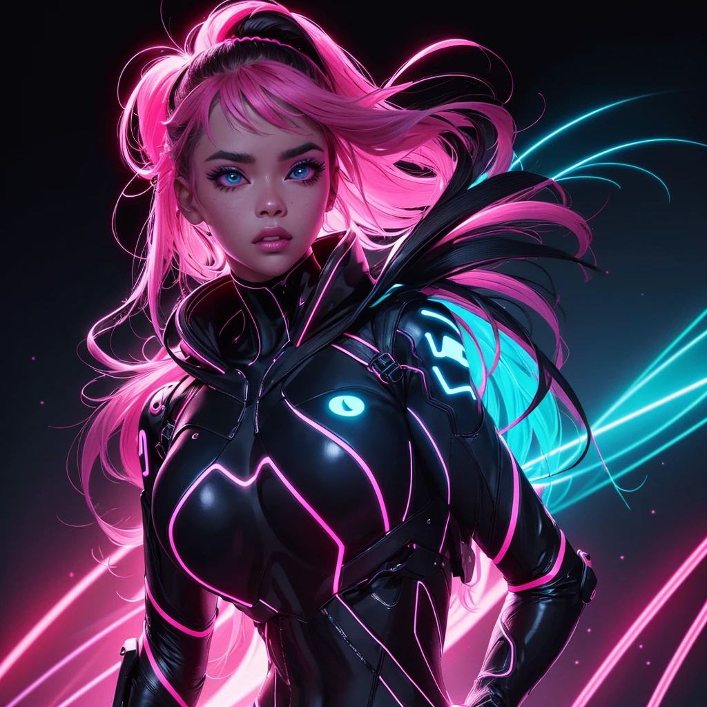 neon fashion" full portrait, woman with neon suit, black backdrop, black and glowing neon, high resolution, perfect anatomy, epic design realistic, black pink blue, cute, perfect, accurate anatomy, night city