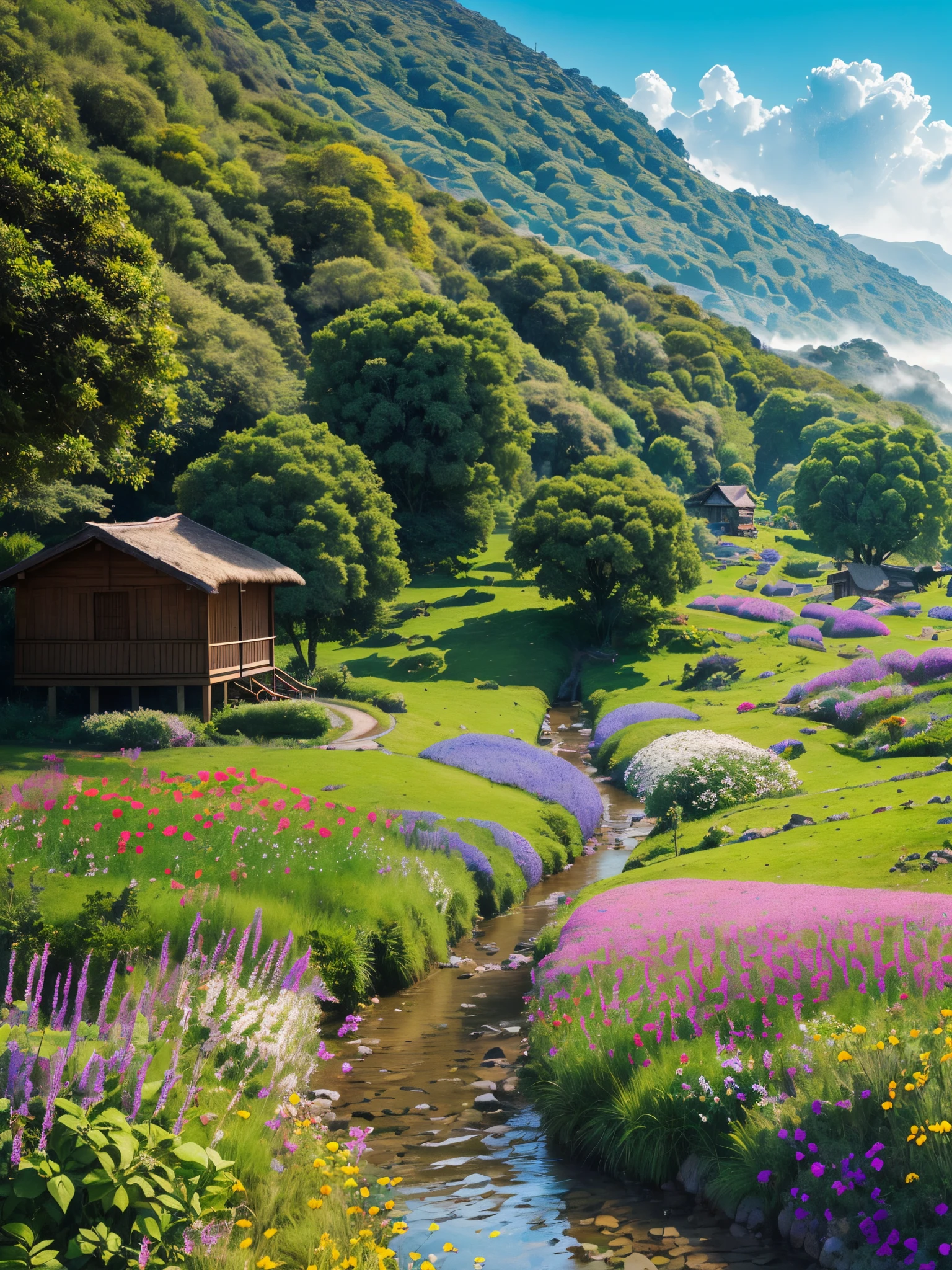 No cume majestoso de uma montanha imponente, a verdant carpet of lawns stretches as far as the eye can see. The gentle breeze sways the wildflowers, releasing a sweet, fresh scent that dances in the air. O nevoeiro, like an ethereal veil, wraps around the contours of the trees and adorns the landscape with a mysterious aura.
Ao olhar para baixo, shyly unveiling itself among the mists, encontra-se um pitoresco vilarejo. Wooden houses with thatched roofs nestle harmoniously on the edge of a meandering stream, where crystal clear water murmurs peaceful melodies. Pequenas pontes de pedra arqueiam-se sobre riachos, connecting cobblestone alleys that wind through the village.
As montanhas circundantes, com picos cobertos de neve que reluzem sob a luz do sol, form a majestic crown for this idyllic retreat. Os pinheiros se destacam, rising like green guardians that dot the landscape. Colorful birds fly gracefully across the sky, creating a symphony of trills that mix with the gentle murmur of the stream and the whisper of the wind in the treetops.
The scenery like a living painting, onde a natureza exala serenidade e beleza em cada detalhe. O sol, upon reaching its zenith, paint the sky with warm tones, iluminando o vilarejo e destacando sua simplicidade encantadora. This a hidden getaway, onde o tempo parece desacelerar, and the harmony between the majestic mountain and the welcoming village creates a visual spectacle that lingers in the memory of those who contemplate it. (Melhor qualidade), real, realista, hiperrealista, HD, 4K, 8K, Foto realista --auto --s2