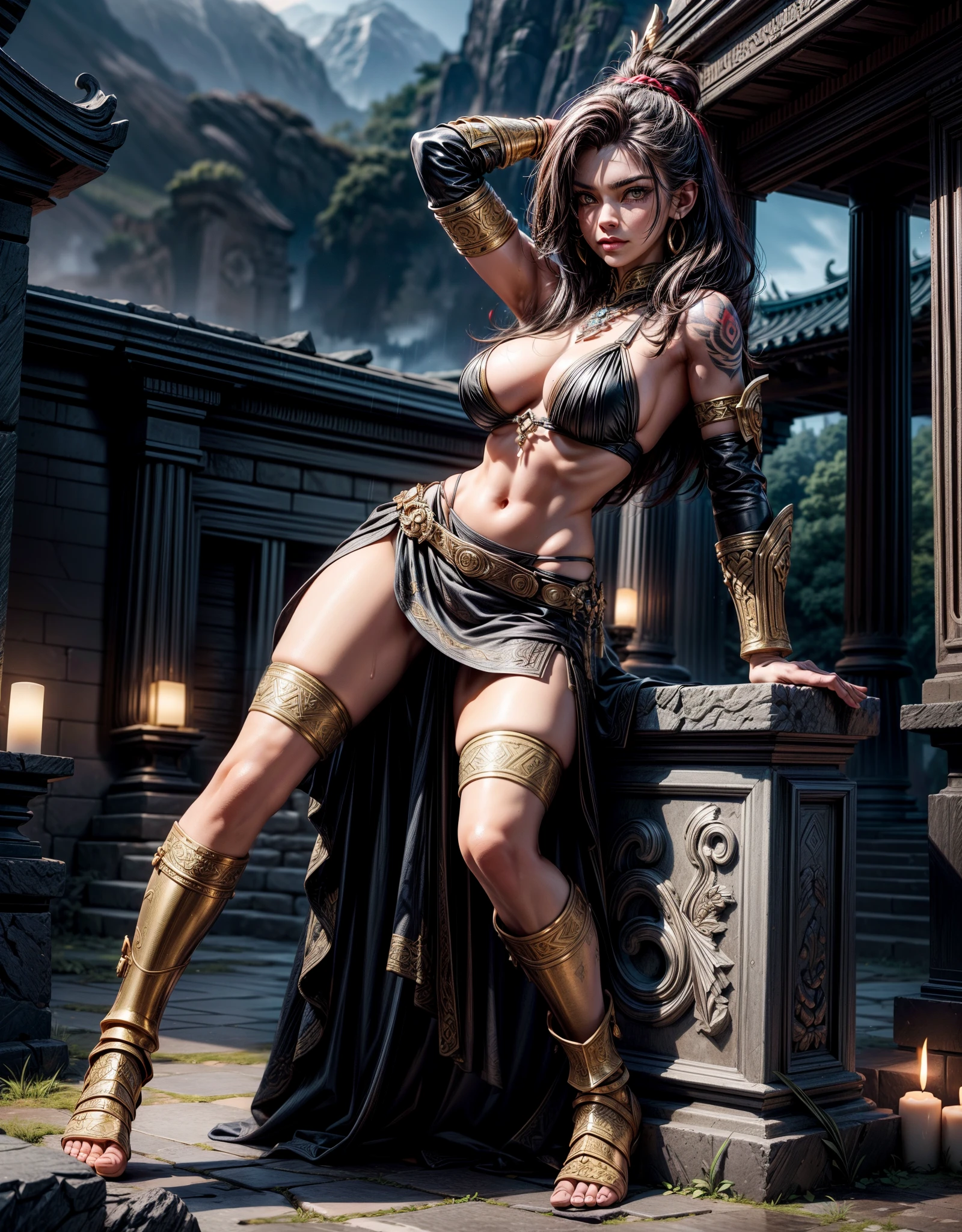 “Primary masterpiece in UHD, sharp details. Style inspired by God of War, capturing the striking presence of the Spartan warrior. | A stunning and pale 30-year-old woman displays her tribal tattoos in a set of black t-shirt and skirt, adorned by stunning golden armor and jewelry. The beautiful brown leather boots complete his imposing image. His yellow eyes, full of malice, fix directly on the viewer, highlighting an evil smile on his lips. | The scenery unfolds in an ancient temple during a rainy night. Rocky structures, altars with ancient inscriptions and strategically positioned torches illuminate the environment, transmitting the epic environment of God of War. | Details such as raindrops, reflections on wet surfaces and dramatic shadows contribute to the visual intensity of the scene. | Imposing Spartan warrior in an ancestral temple, challenging the viewer with her penetrating look | The camera, positioned close to the character, reveals her entire body as she adopts a dynamic_pose, displaying an imposing presence in the ancient temple setting. | ("| The camera, positioned close to the character, reveals her entire body as she adopts a dynamic_pose, interacting with and leaning on a large structure in the scene in an exciting way. | (perfect_pose), she adopting a ((dynamic_pose as interacts, boldly leaning on a large structure, leaning back in a dynamic way):1.3), (hands_with_5_fingers), (perfect_hands), (perfect_fingers), (perfect_legetter_handull body)), More Detail".