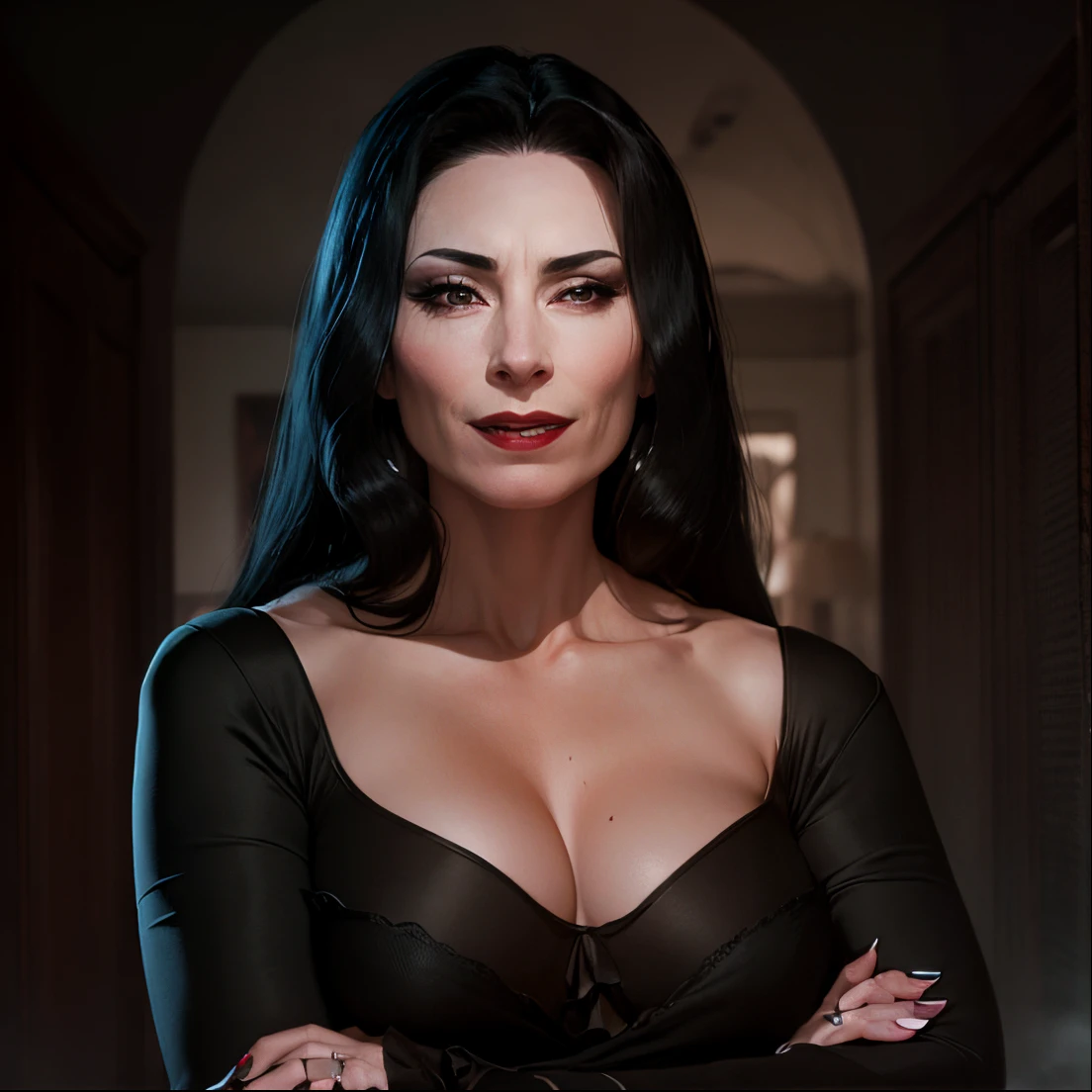 alta calidad, High detail, Ultra realismo. Morticia from the series Wednesday.... As close to the image as possible...., Mature woman about 45 years old..... Ojos delineados de negro y lavios pintados de color negro, cabello lacio y largo, hair behind his back,