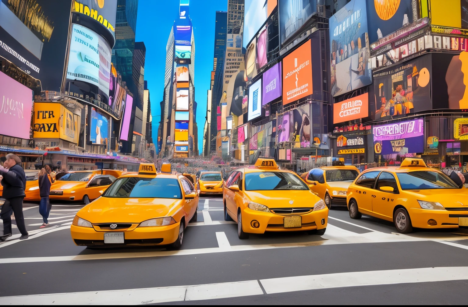 A bustling street full of taxis and pedestrians々Nice view, Times Square, time square, stunning images, taxis, nowi, New York, In New York City, in the middle of new york, elaborate composition, New York City, In Times Square, newyork, In Time Square, Broadway, manhattan, In New York, beautiful image, amazingly composed image