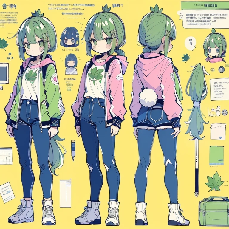 petite girl, robot horse,Type sheet, Character Sheets, Three types，Shot Full Body，Game Character Design，h1girl in, ((Character information)、(Chara Leaf)、Type sheet, Character Sheets, Three types，Shot Full Body，Game Character Design，Colorful, Bright, hairlong, pony tail, rabbit, crocodile