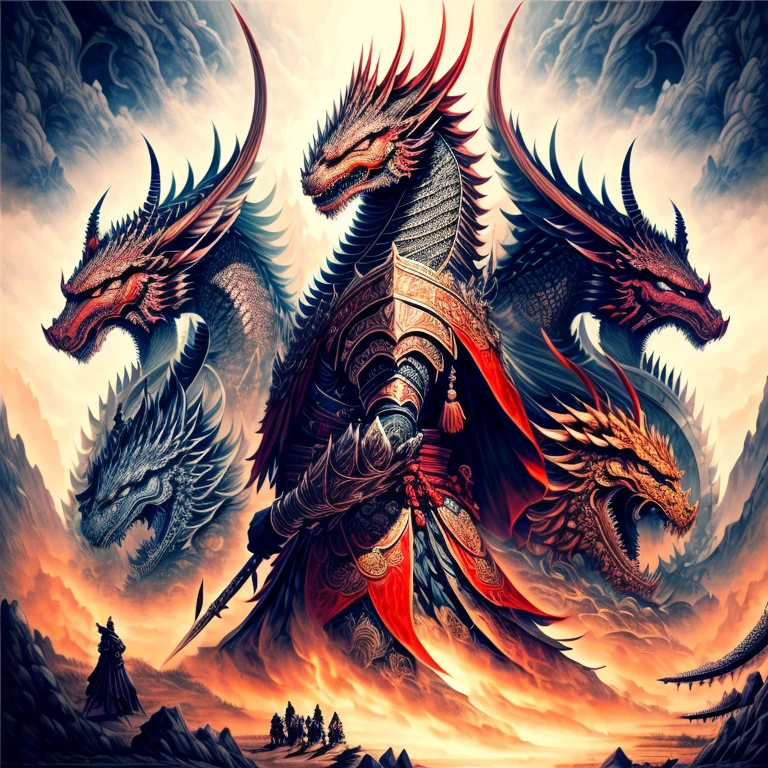 (top-quality, 8K, masterpiece:1.3) A breathtaking image showcasing a group of skilled Chinese warriors wielding intricate battle shields, standing united against a mythical Chinese dragon, the intensity of the battle captured in a vivid and detailed traditional ink painting style.