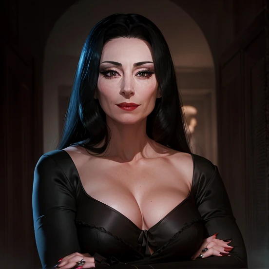 alta calidad, High detail, Ultra realismo. Morticia from the series Wednesday..... As close to the image as possible....., Mature woman about 45 years old...... Ojos delineados de negro y lavios pintados de color negro, cabello lacio y largo, hair behind his back, sonrisa seductora.