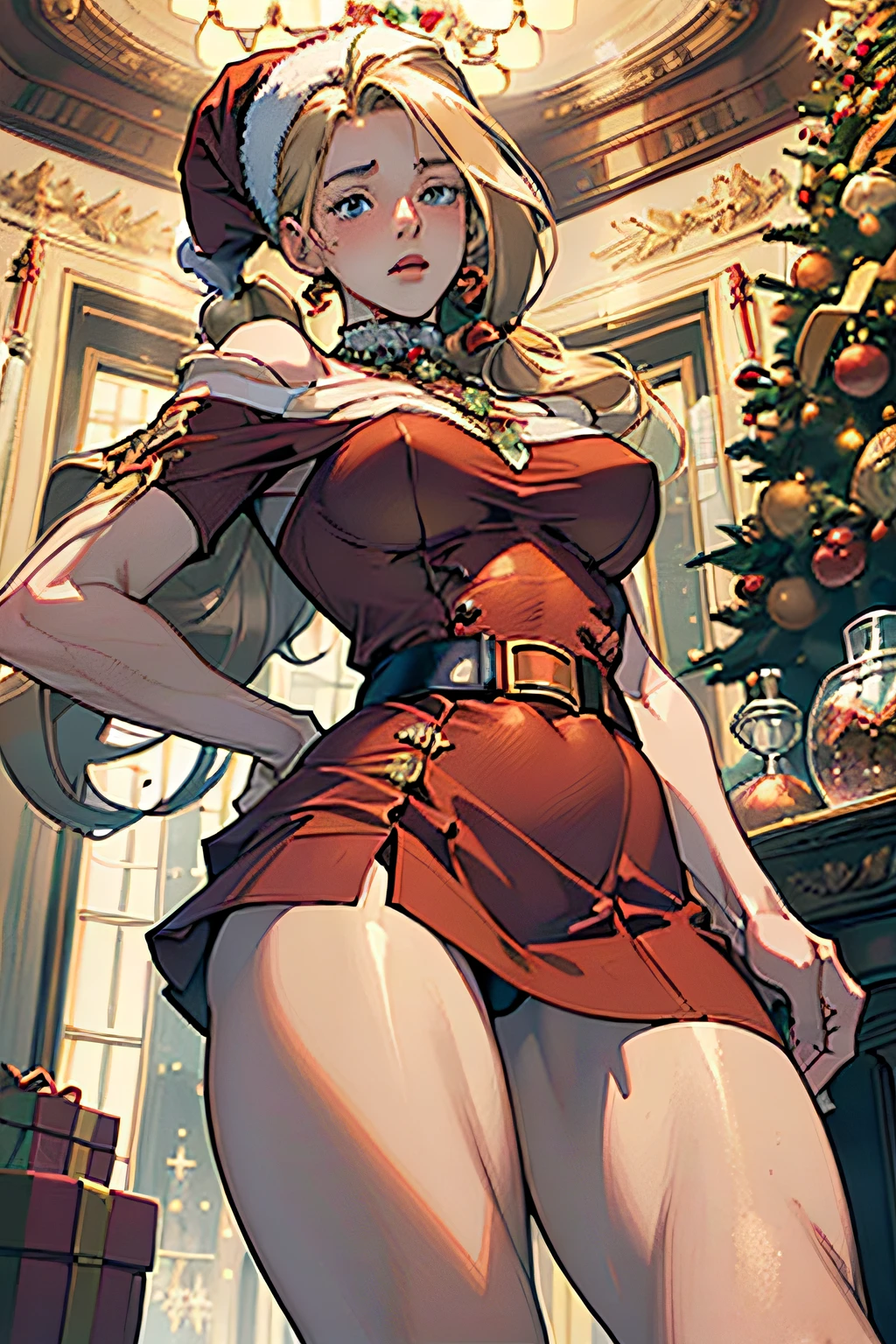((((Perfect Anatomy, super detailed skin)))), 1 girl, Japanese, , Shiny skin, Watching the view, Beautiful hair, Beautiful face, Beautiful detailed eyes, (Long hair:1.7, side poneyTail:1.5), a blond, Blue eyes, Mole under the eyes, Beautiful collarbone, Beautiful body, Beautiful chest, beautiful thigh, Beautiful legs, baby-face, medium breasts, Perfect body, gorgeous faces, seductive boobs, Seductive thighs, ((Dressed in Santa Claus costume, symmetrical clothes, metallic red santa claus hat, metallic red santa claus dress, metallic red santa claus boots, Bare shoulders), christmas necklace), (Facing the front)(((Blushing cheeks, embarassed expression)), (((My skirt was blown up by the wind))) (Beautiful scenery), Indoors, livingroom, (Christmas tree:1.3), (top-quality, masterpiece:1.2, Extremely detailed), (Photorealistic), Beautiful illustration, Cinematic lighting, (Thigh Focus, From below, View from the front:1.3),