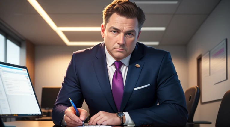 (Middle aged man:1.1,Business suit:1.1,no tie:0.9,office room,computer,workplace:1.1),(best quality,8k hyper-realism:1.2),Pastel color scheme,gentle illumination,peaceful atmosphere,transverse