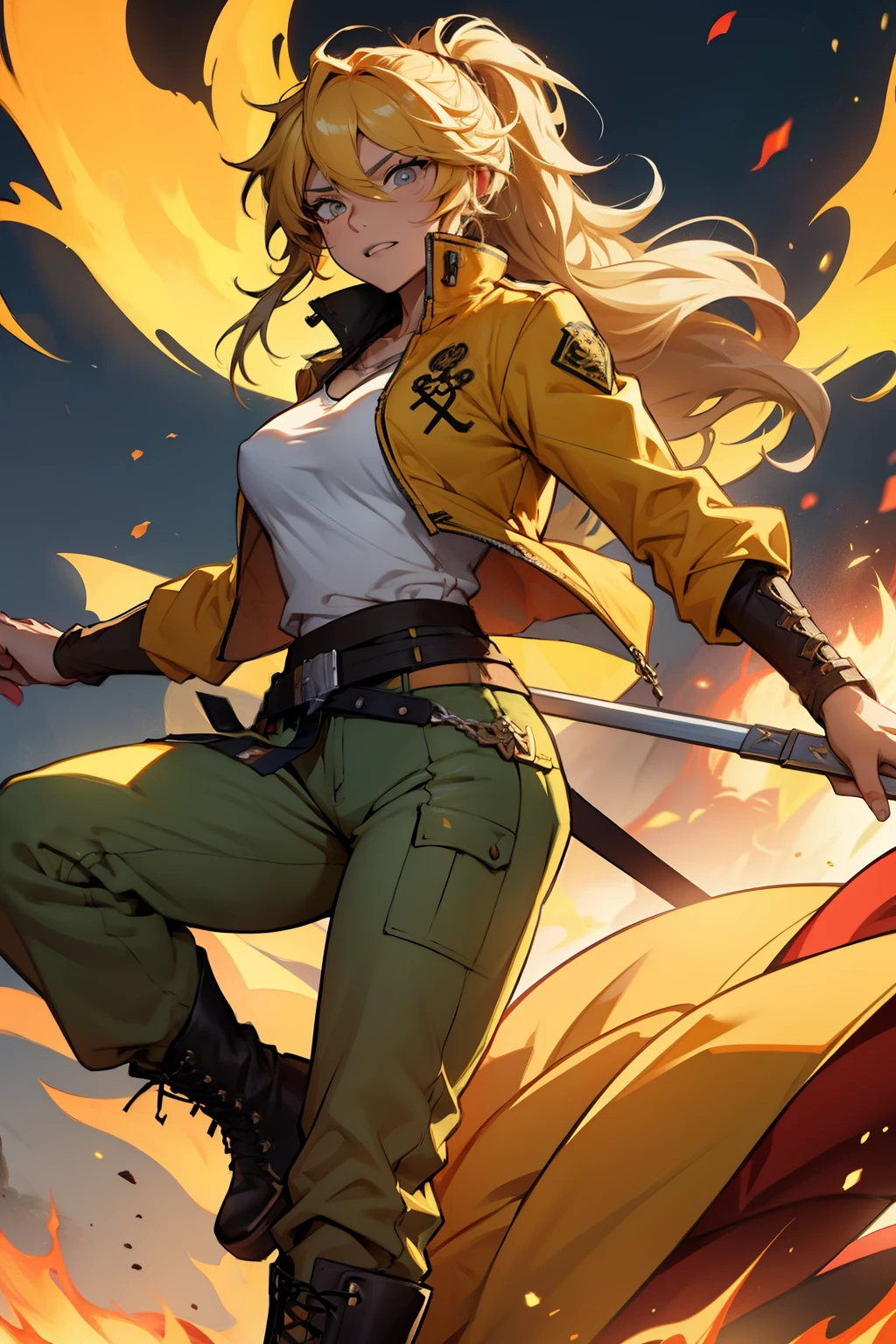 features identical to yang xiao long from rwby, uma mulher loira, ((olhos roxos e expressivos)), feminina, serious facial expression, middlebreasts, master part, best quality, cabelo sobre um olho, golden hair, long hair up to the waist, BROWN jacket, (clivagem:0.7), green pants, luvas sem dedos, cross-laced boots, ((neve)), apoiada sobre um joelho, de lado