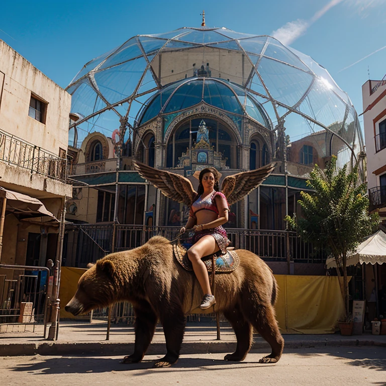 A big circus in the city of san miguel mexico. A big geo dome in the city. A goddess with wings riding ontop of a grizzly bear