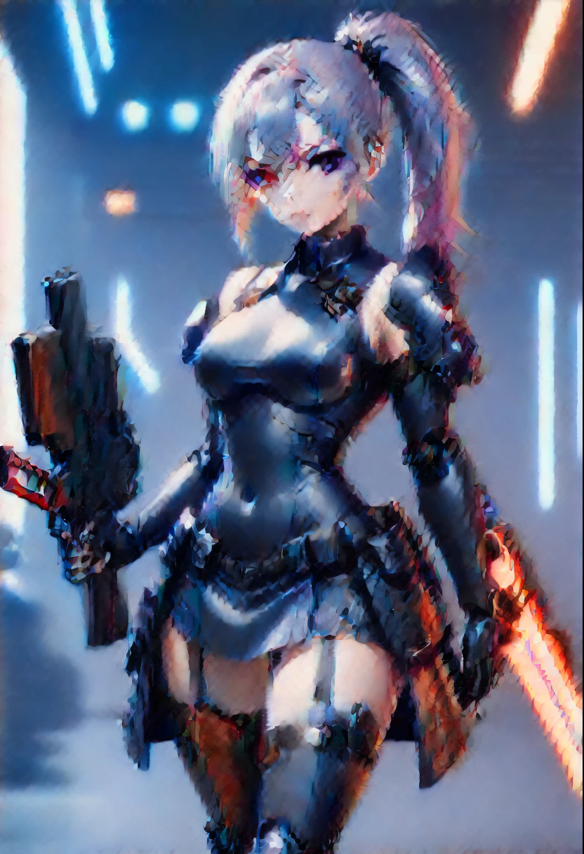 Full body internet girl with ponytail. Bright red indicates that she  an online girl. Anime characters with silver hair and black costumes holding guns, But there are skirts. She also has blue eyes. The environment  similar to a terminator. Hair  black. Her face  illuminated by the bright red color on one side of the face. Like LEDs.  And both hands also have LED lights.