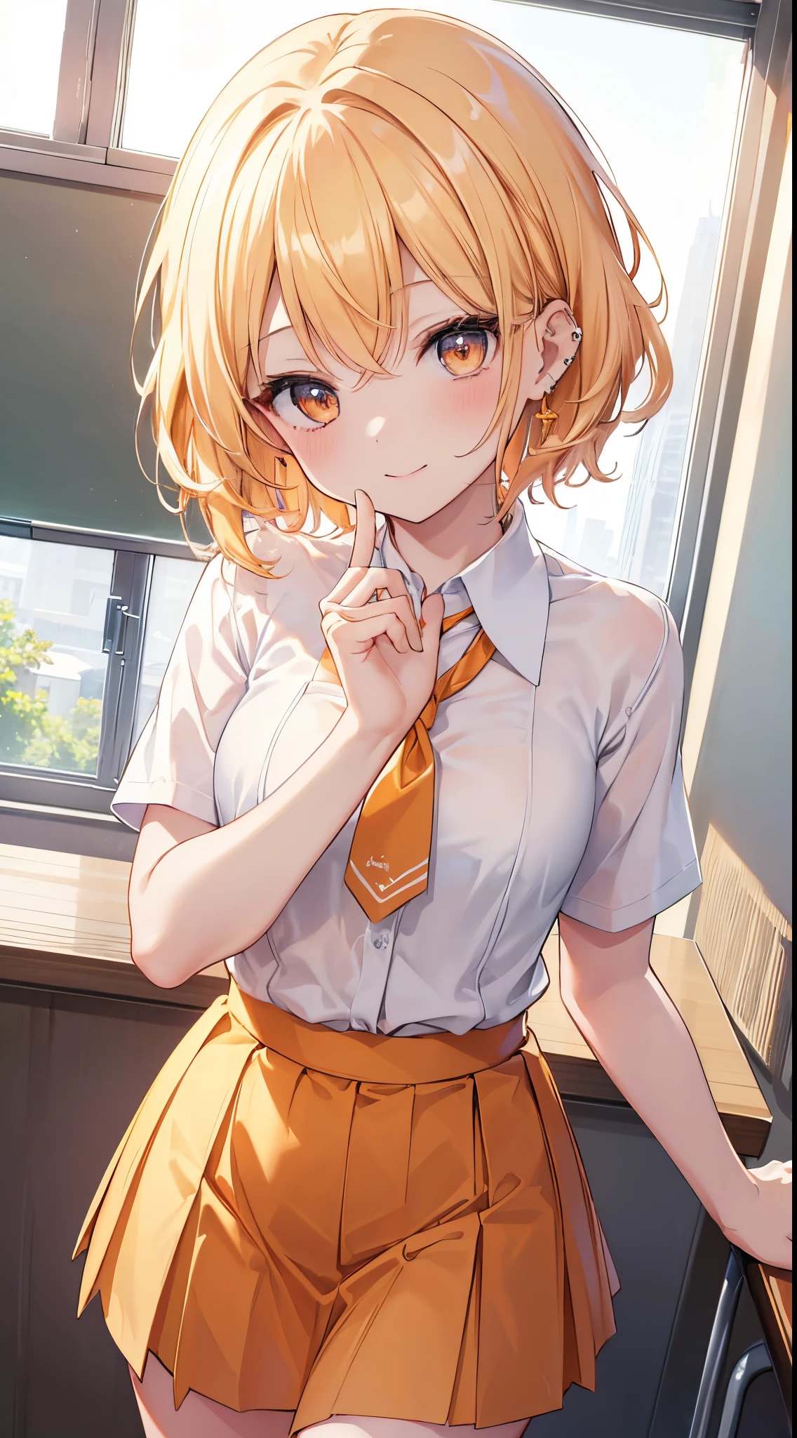 (8K、Top image quality、top-quality、masterpiece)、1 girl in、a blond、short-hair、waved hair、Orange eyes、piercings、smil、Moderately breasts、White collared shirt、shortsleeves、Light blue pleated mini skirt、cowboy shot、Classroom Background