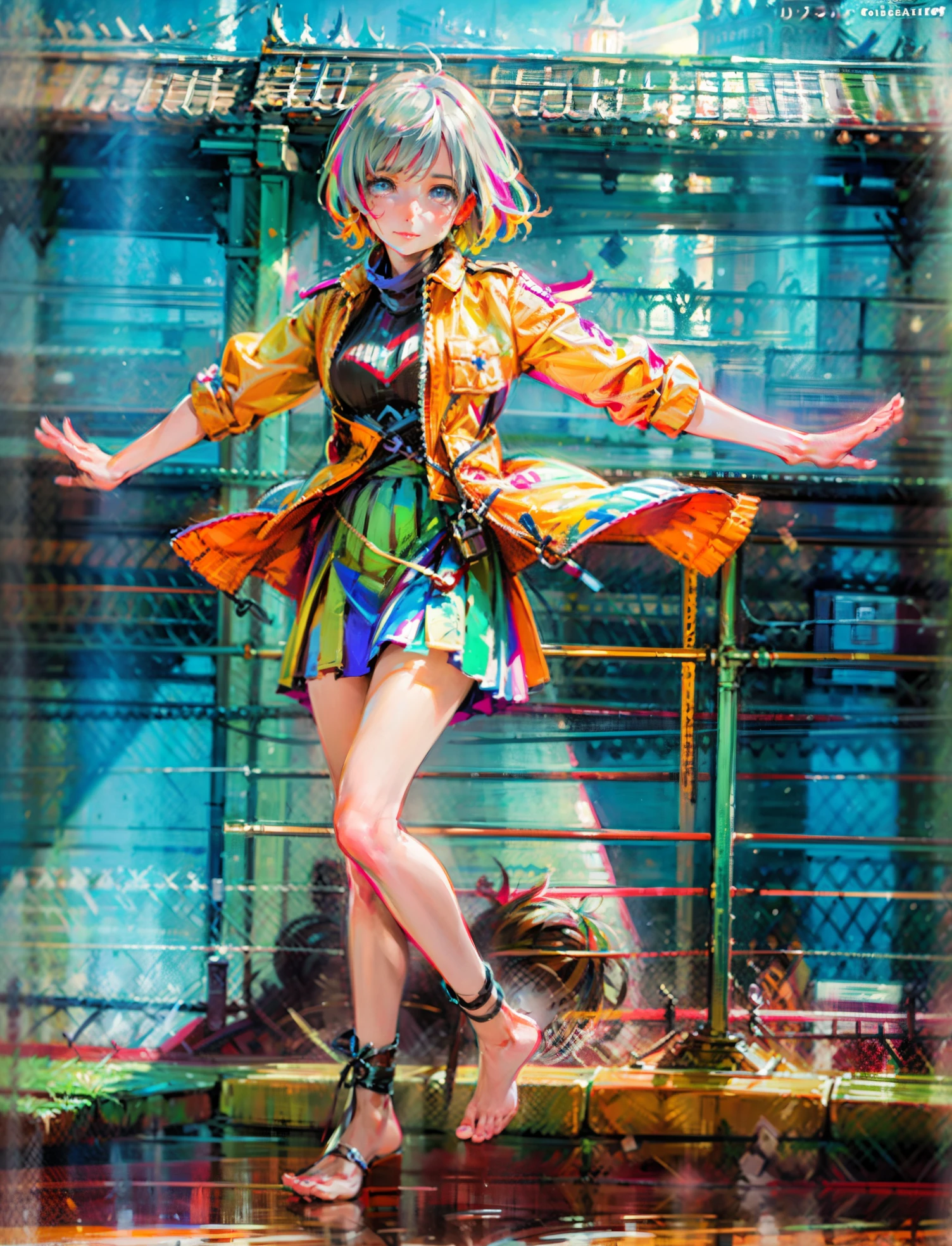 A girl with short gray hair, bright eyes, a cheerful smile, a joyful expression, a slender figure, a two-piece fantasy-realistic style jacket, short skirt that matching the outfit, barefoot, she happily leaps in front of a fantasy-style ancient ritual building, bright and soft color, this character embodies a finely crafted fantasy-realistic style girl in anime style, exquisite and mature manga art style, high definition, best quality, highres, ultra-detailed, ultra-fine painting, extremely delicate, professional, anatomically correct, symmetrical face, extremely detailed eyes and face, high quality eyes, creativity, RAW photo, UHD, 8k, Natural light, cinematic lighting, masterpiece-anatomy-perfect, masterpiece:1.5