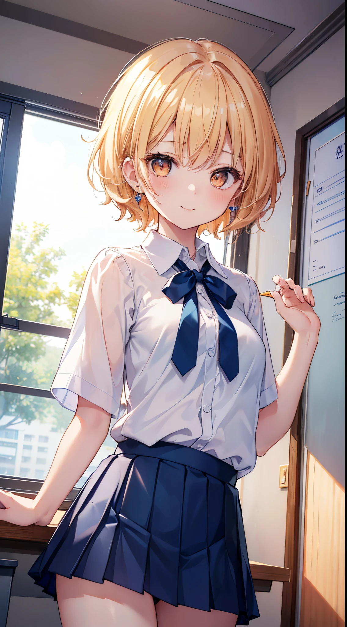 (8K、Top image quality、top-quality、masterpiece)、1 girl in、a blond、short-hair、waved hair、Orange eyes、piercings、smil、Moderately breasts、White collared shirt、shortsleeves、((Blue pleated mini skirt))、cowboy shot、Classroom Background