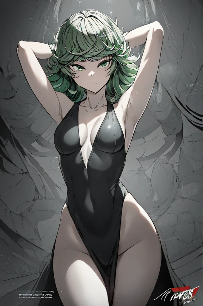 a close up of a woman in a black swimsuit posing, tatsumaki from one punch man, lois van baarle and rossdraws, deviantart artstation cgscosiety, :: rossdraws, inspired by rossdraws, tatsumaki, extremely detailed artgerm, drawn in the style of artgerm, rossdraws 1. 0, lois van rossdraws, black and white lineart style, t-shit style