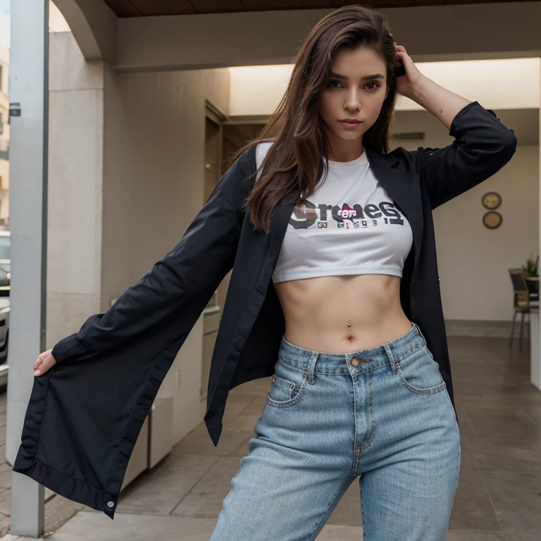 Persona humana real, femenina, morens, pelo largo, ojos oscuros, definida, especial, vestida con pantalon vaquero, blusa, botas, ojos pintados, tiny breast
