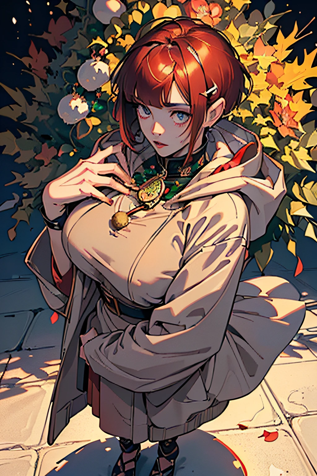 ((((christmas theme,Detailed depiction of the face，1 Lady，a matural female，))))(pink dress long coat，)(Dark night background+,Perfect background)，prom，The perfect face of court etiquette， Perfect lips， perfect  eyes,)(((opera style,Red hair,baggy coat,Big hoodie,)))，((1lady,Adorable Korean mixed race girl from Saudi Arabia，Skinny face，Solo,Smokey Makeup,​master piece,Best Quality, offcial art, Beautiful and aesthetic:1.2),((超A high resolution,Golden ratio,)) (16 K),((((Christmas tree,Yuki,intense shadow,strong rimlight,))))((Melon face，From  above，1jk,bells,Candy Sticks)),(Physically-based rendering),amazing,Sharp Focus, (((highdetailskin,))),Intricately detailed clothing，Red pupils,Six-pointed star eye,Complex pupils,((((detailed hairs|Short hair|Long bangs)))),((slender,))(masterpiece sidelighting),(The sheen),(Beautiful hair,Beautiful eyes,）[[Delicate fingers and hands:0.55]::0.85],(Detail fingers),(((Superior Quality)))),((Incredibly ridiculous_Detailed_Eyes_And_Face)),Movie girl,(Dynamic configuration: 1.2),Brilliant,Beautiful woman, (Photorealistic),( Maple,), mitts, crystal earrings, ((hair clips)), light Particle, Staring at the sky, flower petals, side locks,, two-sided fabric