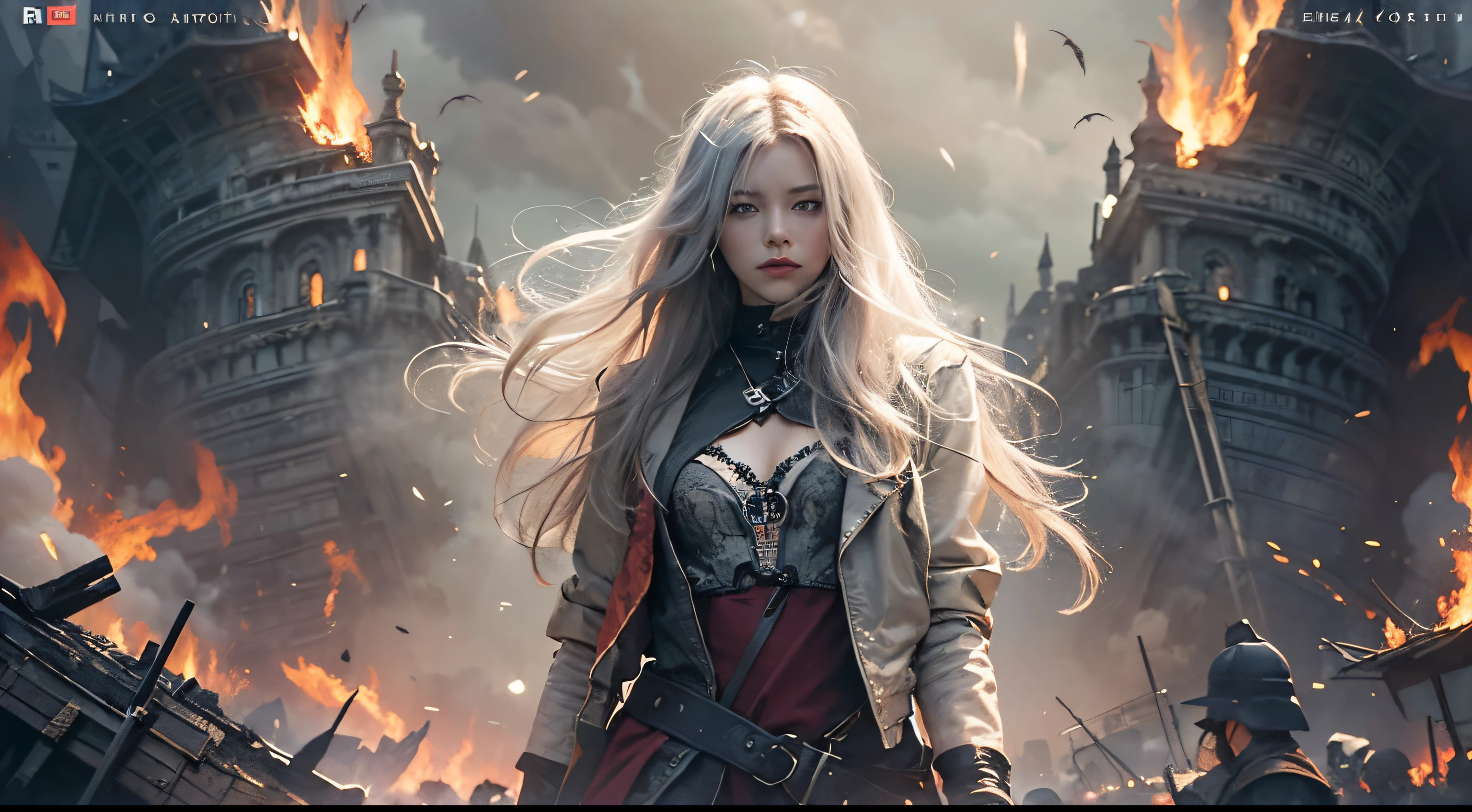 ((Realistisch, best quality, Meisterwerk: 1.3)), white long hair, beautiful, Tarnung, frau, dunkler Dunst, Filmplakat, Kino-Ansicht, Von Angesicht zu Angesicht zum Betrachter, menschlicher Roboter, Maske, hell, Feuer, Funken, Rauch, upper body, dunkel, Apokalypse, hell, Explosionen,
