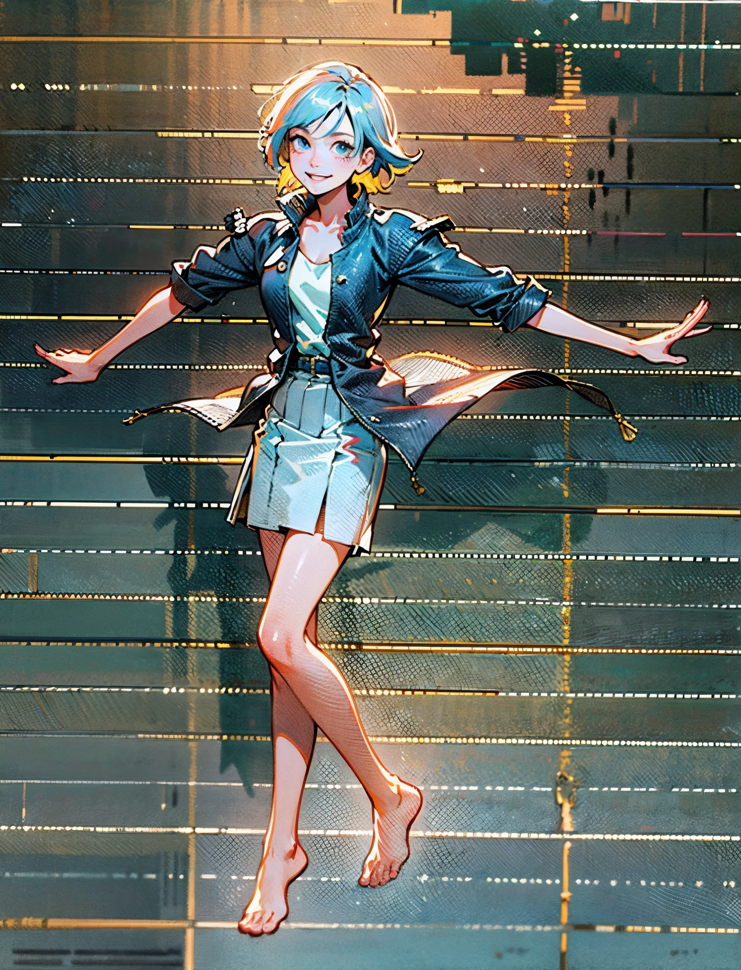 A girl with short gray hair, bright eyes, a cheerful smile, a joyful expression, a slender figure, a two-piece fantasy-realistic style jacket, short skirt that matching the outfit, barefoot, she happily leaps in front of a fantasy-style ancient ritual building, bright and soft color, this character embodies a finely crafted fantasy-realistic style girl in anime style, exquisite and mature manga art style, high definition, best quality, highres, ultra-detailed, ultra-fine painting, extremely delicate, professional, anatomically correct, symmetrical face, extremely detailed eyes and face, high quality eyes, creativity, RAW photo, UHD, 8k, Natural light, cinematic lighting, masterpiece-anatomy-perfect, masterpiece:1.5