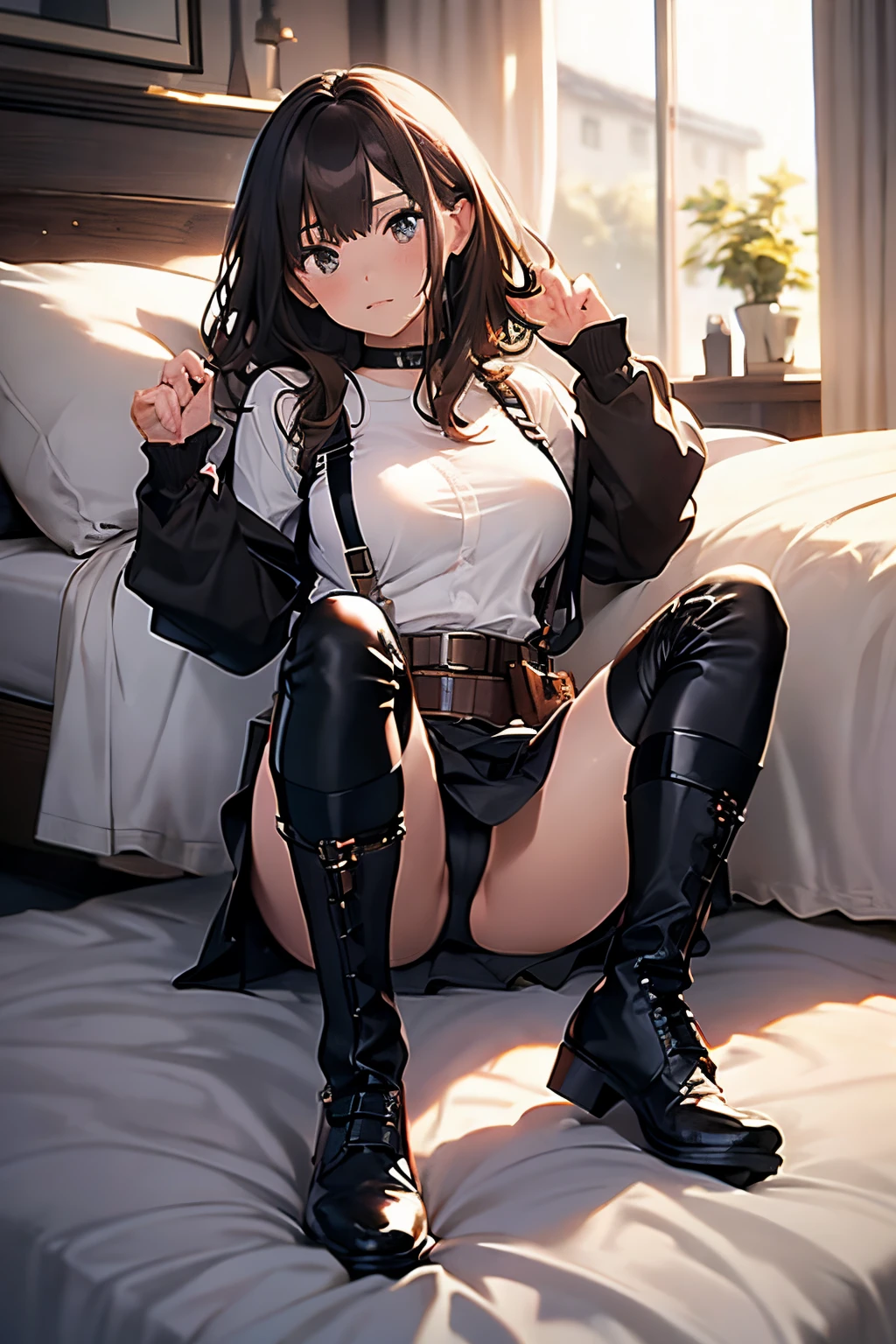 Brown hair、watching at viewers　　　black suspenders　　　Bulging ???????????　　 　 　　　walls: 　Black miniskirt　garters　　　　　　Gaze　　　Small face　bangss 　　　holster　　Belt Armament　Beautuful Women　srestrained　hands up　Lying in bed　Leg holster lying on the bed　　Gaze 　black boots ????? shot　 teats
