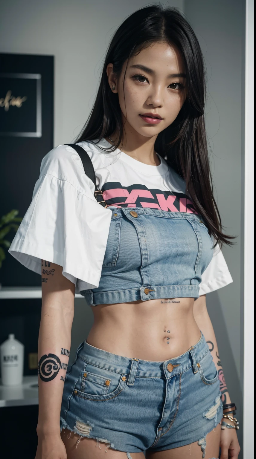 40 years old, gorgeous cute Argentinian girl, smirk, freckles, (dark skin:1.6), a close up of a woman in a denim outfit posing for a picture, jia, roseanne park of blackpink, sun yunjoo, jossi of blackpink, jisoo from blackpink, dilraba dilmurat, heonhwa choe, jisoo of blackpink, park ji-min, portrait of jossi of blackpink, gongbi, korean women's fashion model, famous beautiful model, good young girl, (masterpiece:1.0),(best_quality:1.0), ultra high res,4K,ultra-detailed, photography, 8K, HDR, highres, absurdres:1.2, Kodak portra 400, blurry background, bokeh, lens flare, (vibrant_color:1.2),professional photograph, (the_tattoo:1.4), (beautiful_face:1.5),(narrow_waist).