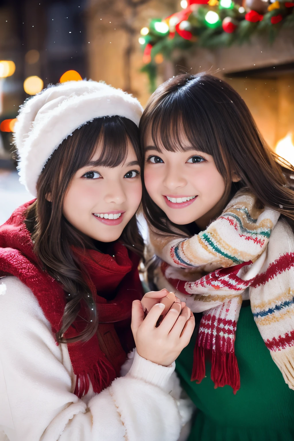 (Best Quality,Photorealistic,hight resolution),2girls,Beautiful detailed eyes,Beautiful detailed lips,Smiling,Laughing,Cute,Christmas Eve,Happy,having fun,Winters,Joyful,excited,Twinkling lights,Decorated Christmas Tree,clew,cosy atmosphere,Warm fireplace,magical moments,sparkling stars,Glowing candles,snowflakes falling,ground covered with soft snow,colorful holiday decorations,red and green colors,Elegant dresses,Fluffy scarves,Happy memories,cherish sisterhood,love and laughter、12-year-old sisters、a baby face、childish、Looking at the camera、Present Box、barechested