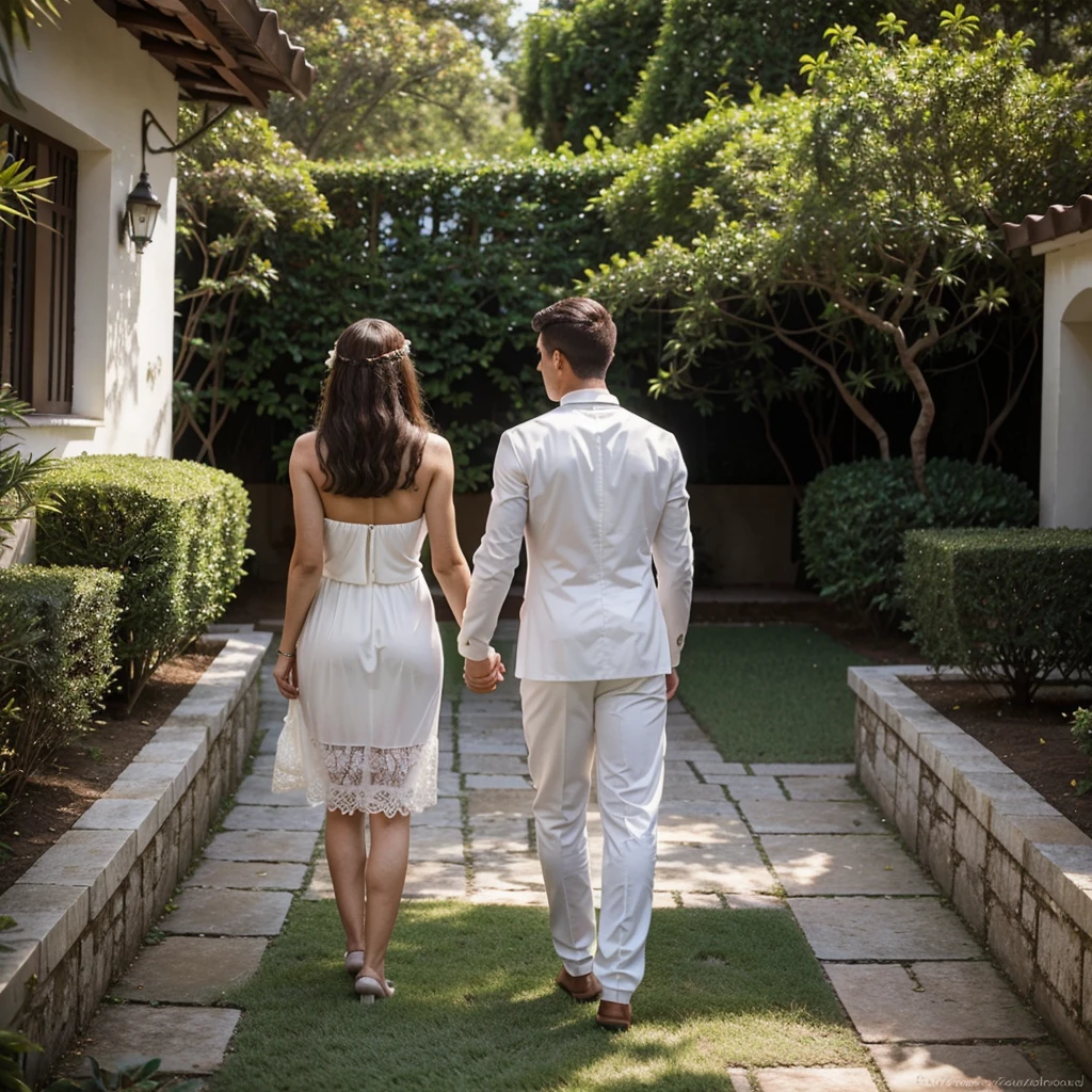 Make a realistic picture, the environment a garden couple with their backs to the viewer, the woman Brazilian, cabelos castanhos preso, usando vestindo de noiva longo, bem flutuante, The man white, 30 anos, cabelos castanhos, usa terno, the couple walks hand in hand with their backs to the viewer, detalhes do jardim, detalhes no vestido da noiva