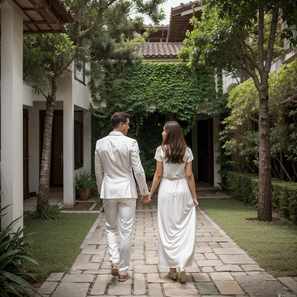 Make a realistic picture, the environment a garden couple with their backs to the viewer, the woman Brazilian, cabelos castanhos preso, usando vestindo de noiva longo, bem flutuante, The man white, 30 anos, cabelos castanhos, usa terno, the couple walks hand in hand with their backs to the viewer, detalhes do jardim, detalhes no vestido da noiva