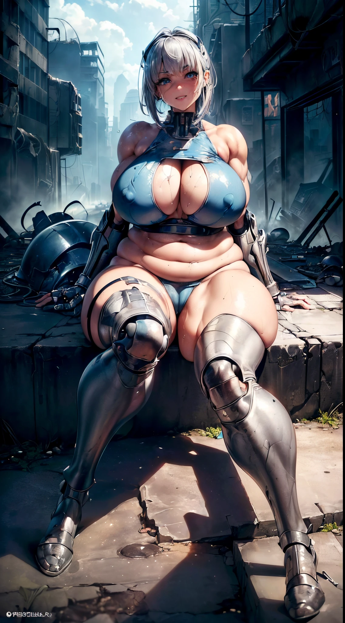 (top-quality、​masterpiece、超A high resolution、Photorealsitic:1.4)、((beautifull detailed face))、Beautuful Women、bright silver hair、bob cuts、bright beautiful blue eyes、long lashes、(ultra gigantic ????、Sit with your ????????? open:1.5)、(kindly smile、Plump:1.3)、(thick thighs、long legged、Big ???:1.25)、(Split abs、musculature、full of sweat:1.2)、(Cyborg Beauty、Post-apocalyptic worldview、A devastated worldview、A ruined futuristic city:1.3)、ratex、highleg、Restraints、thigh high boots、(natta、neons、细致背景:1.2)