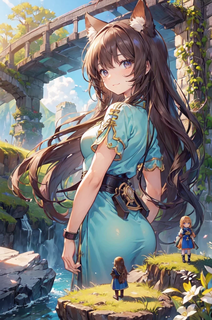 (2girls:1.8), (giantess:1.2), (minigirl:1.3), (height_difference:1.8), (size_difference:1.3), a giantess looking down at a minigirl on a cliff, cliffs, dungeon, landscape, a giantess, tall woman, catgirl, china dress, brown hair, bangs, (ass: 1.1), heart symbol, cute, (long hair:1.2), bangs, (tall), (miniature women: 1.4), armor, gambeson, knight, cliff, minigirl on a cliff, miniature woman on a hill, (rear_end:1.2), (multiple girls), tiny crowd of adventurers, cliff