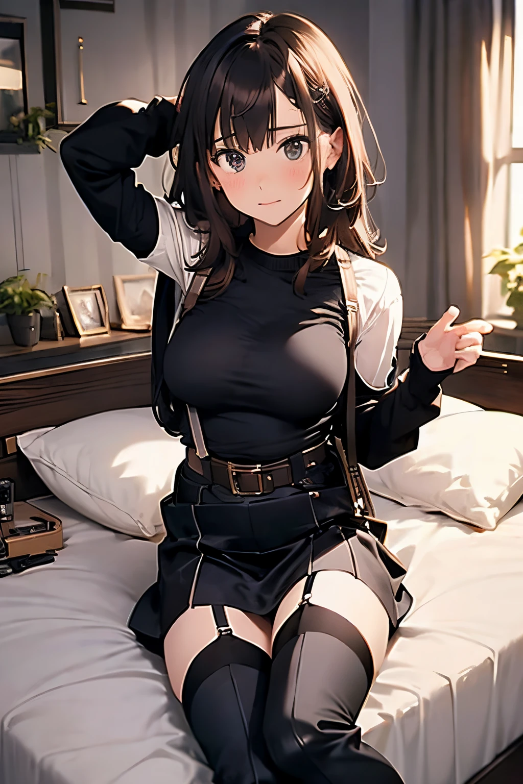 Brown hair、watching at viewers　　　black suspenders　　　Bulging big breasts　　 　 　　　walls: 　Black miniskirt　garters　　　　　　Gaze　　　Small face　bangss 　　　holster　　Belt Armament　Beautuful Women　srestrained　hands up　Lying in bed　Leg holster lying on the bed　　Gaze 　black boots panty shot　 teats