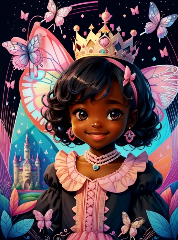 (cute black baby girl smiling with a pink princess dress, butterflies and a castle), Munchkin ,Geometric multidimensional wall portrait, livro de arte, Tchibi,
Yang08k, Beautiful, Colouring,
Obras, of the highest quality, best quality, Arte Oficial, Beautiful and Aesthetic,