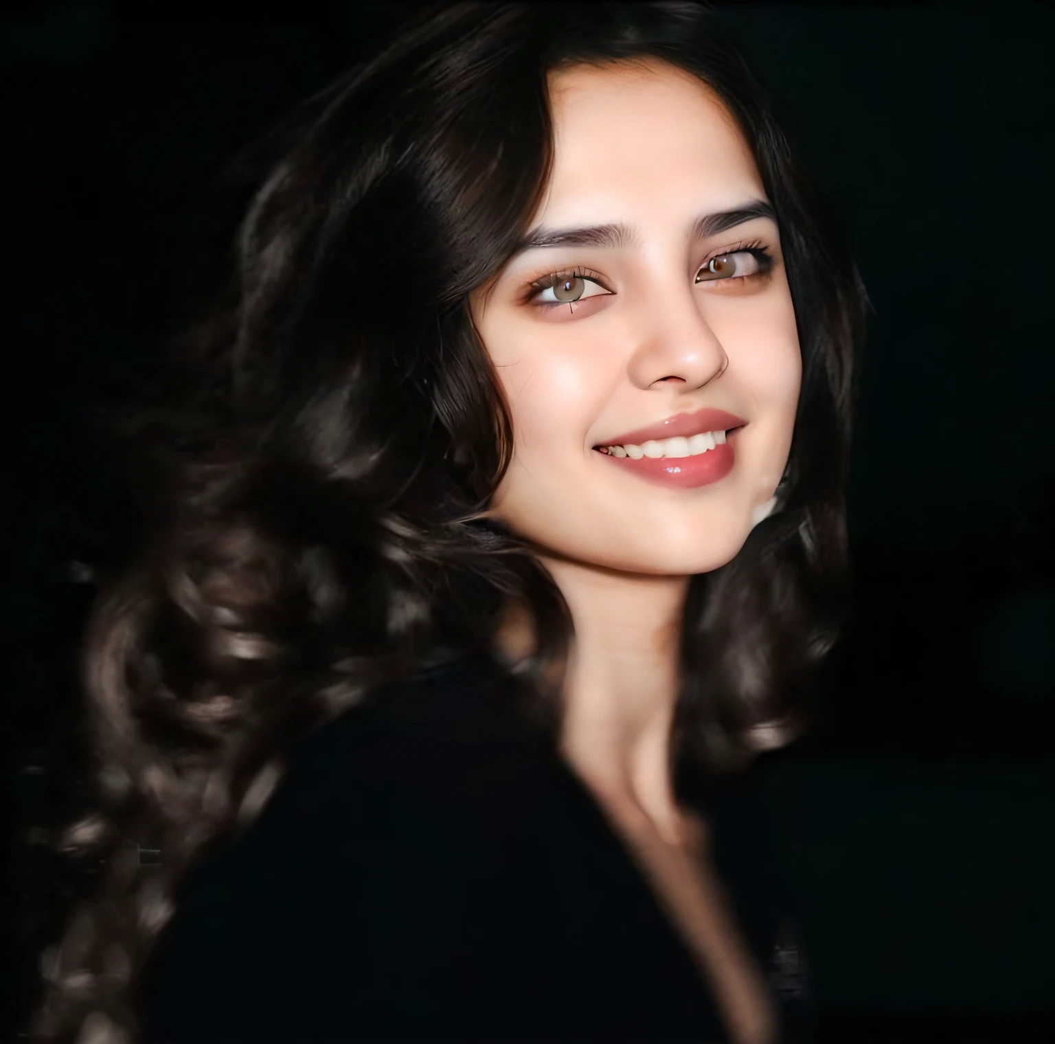 A Saudi girl with white skin, dark brown hair, eyes, thin lips, and an attractive smile, realistic photo