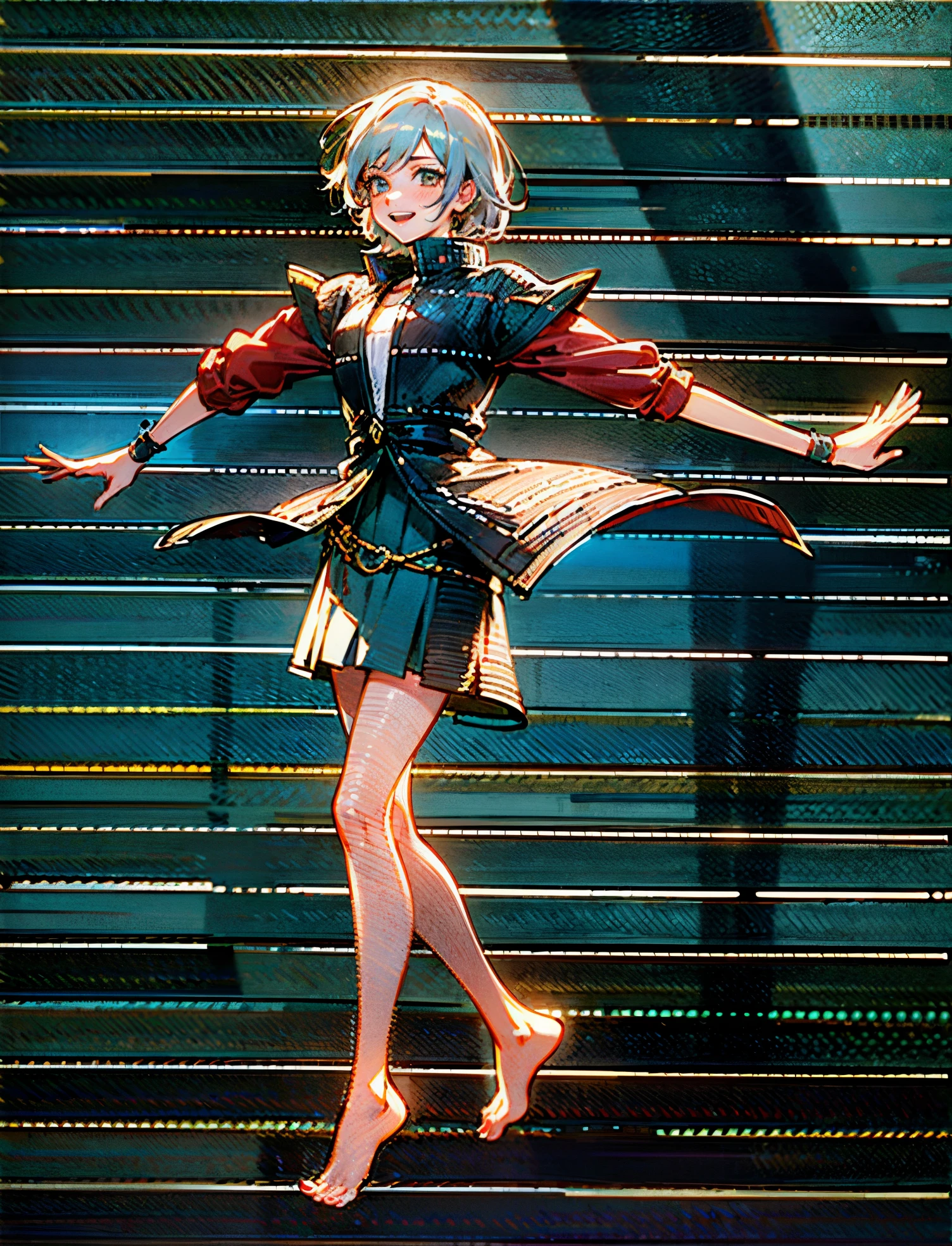 A girl with short gray hair, bright eyes, a cheerful smile, a joyful expression, a slender figure, a two-piece fantasy-realistic style jacket, short skirt that matching the outfit, barefoot, she happily leaps in front of a fantasy-style ancient ritual building, bright and soft color, this character embodies a finely crafted fantasy-realistic style girl in anime style, exquisite and mature manga art style, high definition, best quality, highres, ultra-detailed, ultra-fine painting, extremely delicate, professional, anatomically correct, symmetrical face, extremely detailed eyes and face, high quality eyes, creativity, RAW photo, UHD, 8k, Natural light, cinematic lighting, masterpiece-anatomy-perfect, masterpiece:1.5