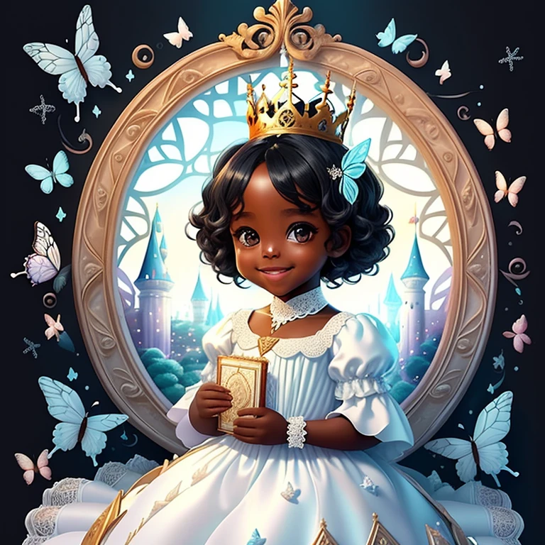 (cute black baby girl smiling with a white princess dress, butterflies and a castle), Munchkin ,Geometric multidimensional wall portrait, livro de arte, Tchibi,
Yang08k, Beautiful, Colouring,
Obras, of the highest quality, best quality, Arte Oficial, Beautiful and Aesthetic,