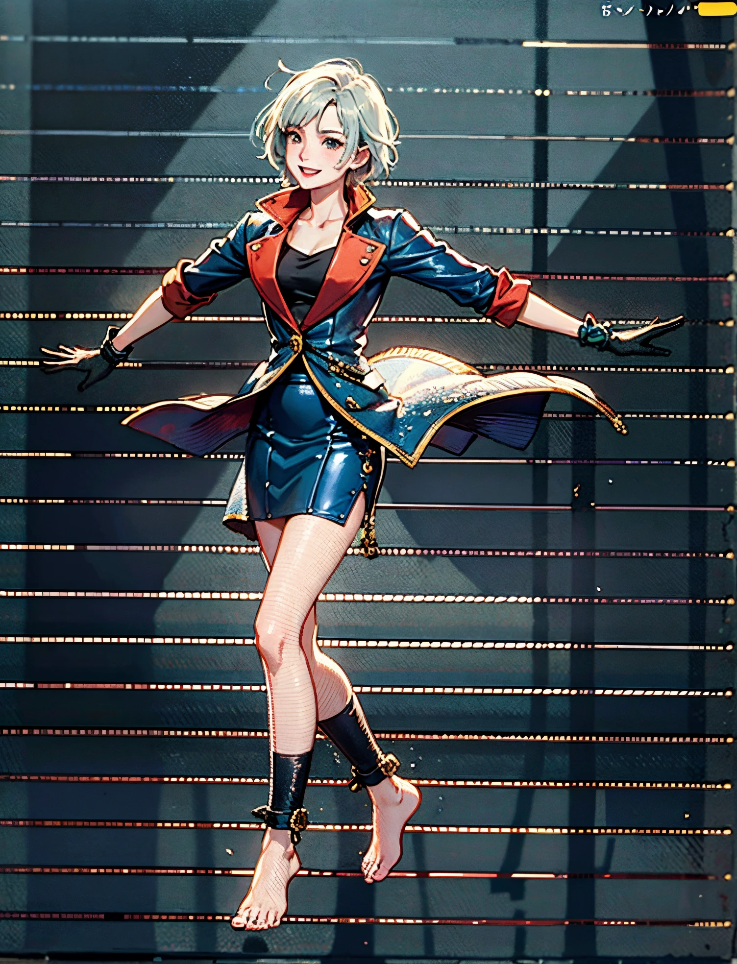 A girl with short gray hair, bright eyes, a cheerful smile, a joyful expression, a slender figure, a two-piece fantasy-realistic style jacket, short skirt that matching the outfit, barefoot, she happily leaps in front of a fantasy-style ancient ritual building, bright and soft color, this character embodies a finely crafted fantasy-realistic style girl in anime style, exquisite and mature manga art style, high definition, best quality, highres, ultra-detailed, ultra-fine painting, extremely delicate, professional, anatomically correct, symmetrical face, extremely detailed eyes and face, high quality eyes, creativity, RAW photo, UHD, 8k, Natural light, cinematic lighting, masterpiece-anatomy-perfect, masterpiece:1.5