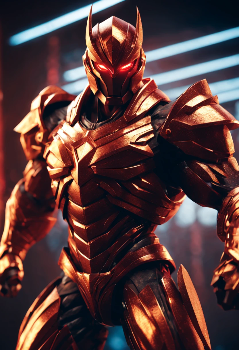 wireframe polygonal mesh warrior,3D rendering,metallic material,detailed armor,shiny surface,glowing eyes,glistening sword,imposing stature,muscular build,heroic pose,strong jawline,graceful movements,dynamic action,blurred background,dramatic lighting,vibrant colors,high contrast,sci-fi aesthetic