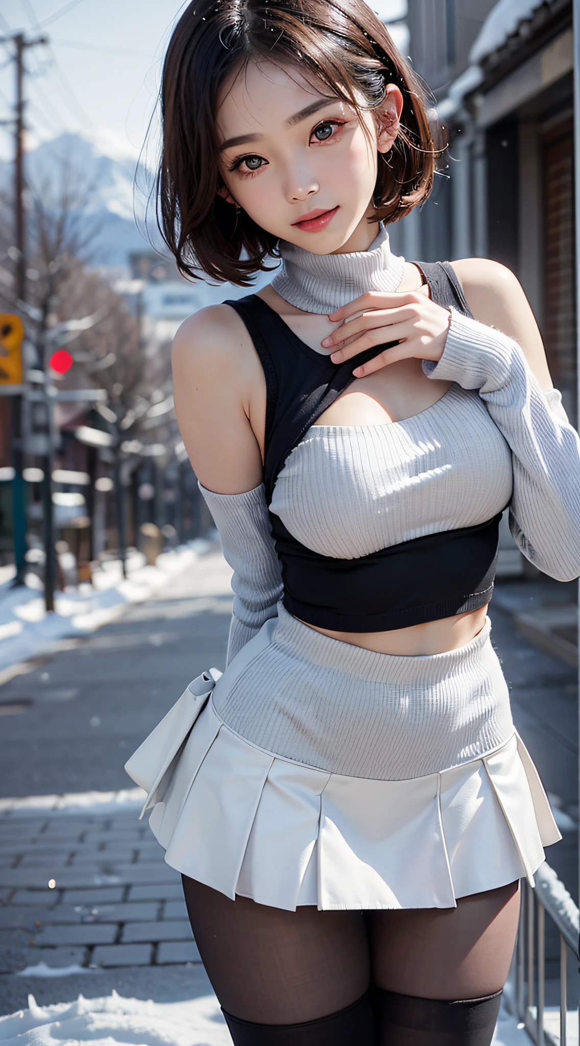 (RAW shooting:1.2)、(Photorealsitic:1.4)、(masterpiece:1.3)、(top-quality:1.4)、(Beautiful woman with perfect body:1.4)、Japan Young Women、(kawaii:1.2)、(FULL BODYSHOT)、(middlebreasts:1.3)、beauty breast、(Slender and beautiful girl)、(Sexy model pose with protruding breasts:1.3)、dream-like、Happy smiling face、(beautifully detailed eyes)、(charming big eyes)、(beautiful double eyelid)、(beautiful and detailed face)、(a short bob:1.3)、cute little、oblique bangs、Look at viewers、(loose white wool sweater、off shoulders、Tight mini skirt、Black thick pantyhose、Snow boots:1.3)、(beautiful thigh)、(snow mountains、snowscape:1.3)、Snow flickers、bokeh dof、